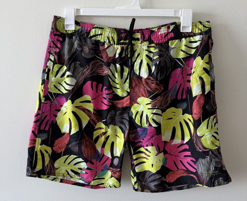 Saturdays NYC Timothy Hyper Monstera Swim Shorts Men's Size L Neon Tropical